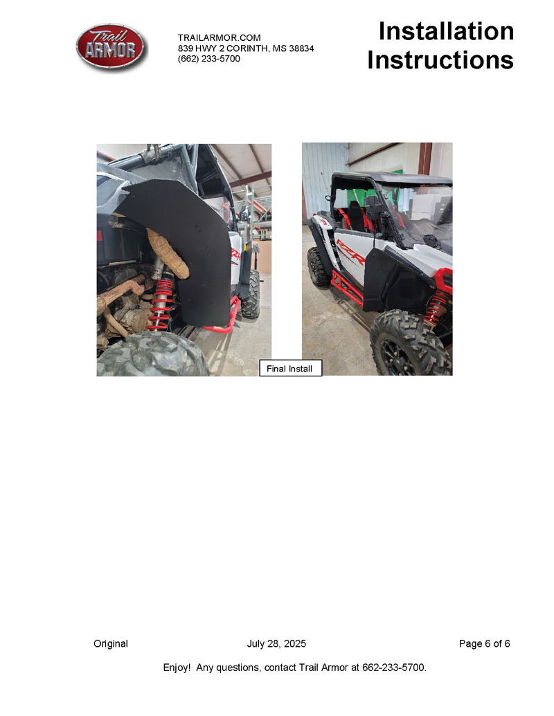 Load image into Gallery viewer, Trail Armor 2024 - 2025 RZR XP 1000 and RZR XP 4 1000 (Sport, Premium, Ultimate) Mud Flap Fender Extensions
