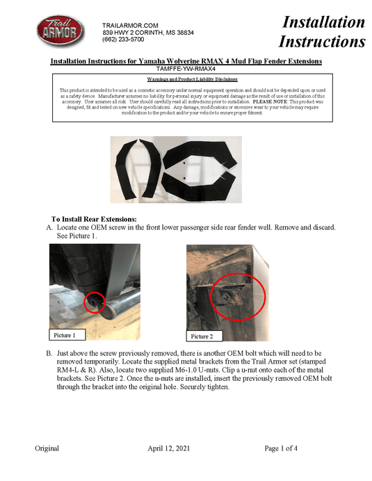 Trail Armor Mud Flap Fender Extensions for 2021+ Yamaha Wolverine RMAX 4
