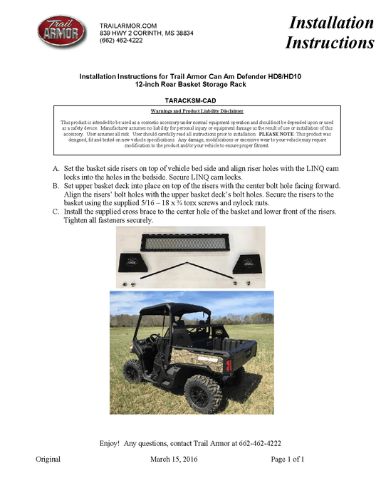 Trail Armor Rear Basket Storage Rack for 2016-23 Can-Am Defender HD Models