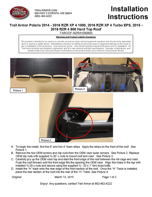 Trail Armor Hard Top Roof for 2014-19 Polaris RZR 900s 4 / XP 1000 4 / Turbo 4