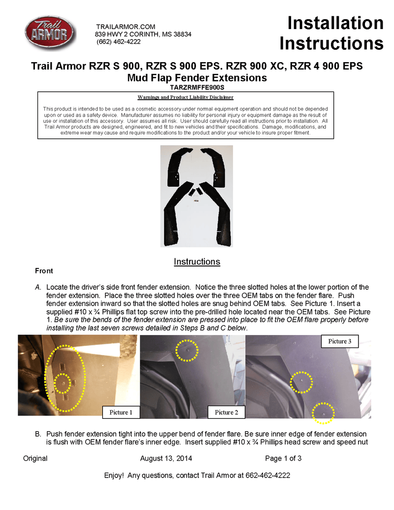 Load image into Gallery viewer, Trail Armor Mud Flap Fender Extensions for 2015-20 RZR S 900 / RZR S 1000 Model
