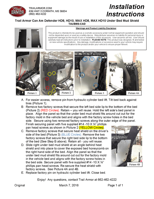 Trail Armor Under Bed Mud Shield for 2016 - 2023 Can-Am Defender & Defender Max