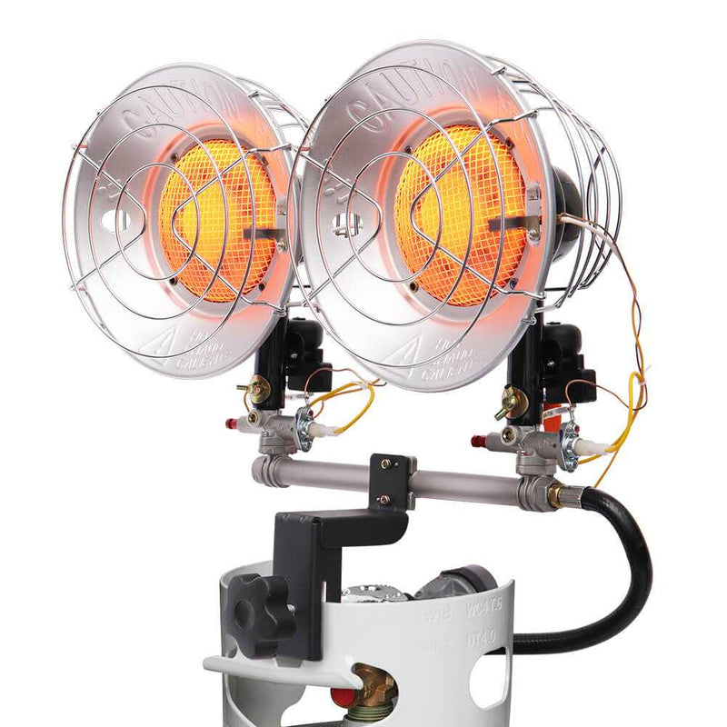 Load image into Gallery viewer, Propane Tank Top Heater, Camplux Outdoor Tanktop Heater with Tip-Over Switch for Garage, Camping, Hunting, Double Burner Heavy Duty Steel 30,000 BTU

