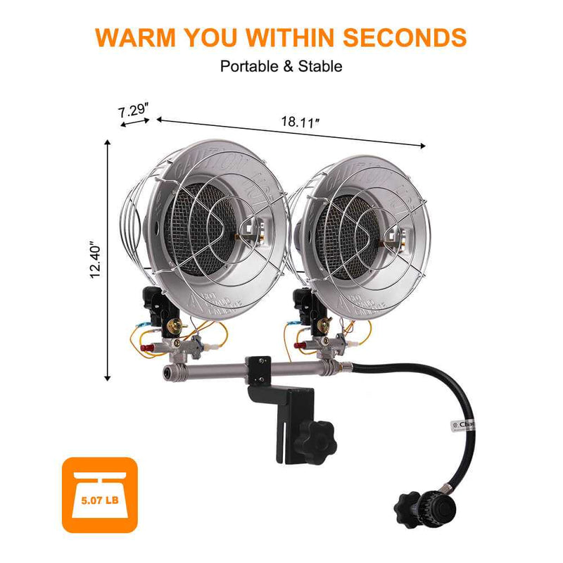 Load image into Gallery viewer, Propane Tank Top Heater, Camplux Outdoor Tanktop Heater with Tip-Over Switch for Garage, Camping, Hunting, Double Burner Heavy Duty Steel 30,000 BTU
