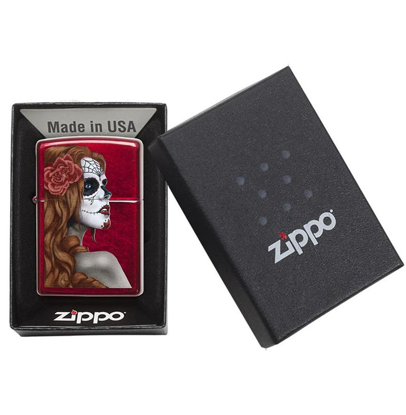 Load image into Gallery viewer, Zippo Windproof Lighter Day Of Dead Girl Candy Apple Red Translucent Finish
