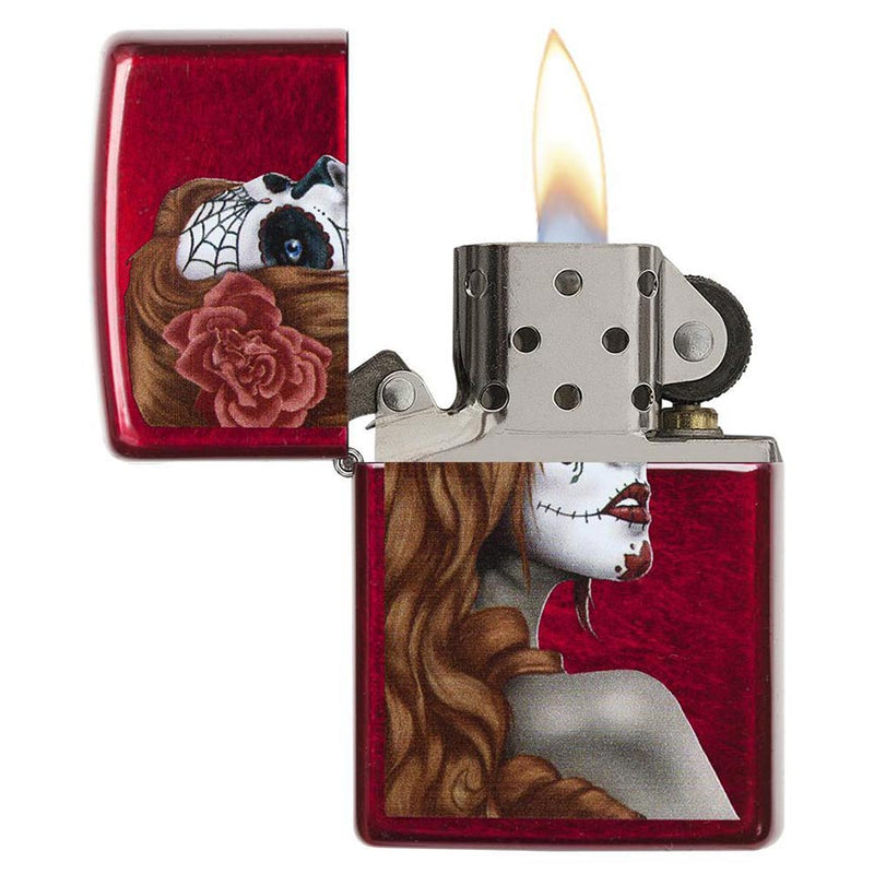Load image into Gallery viewer, Zippo Windproof Lighter Day Of Dead Girl Candy Apple Red Translucent Finish
