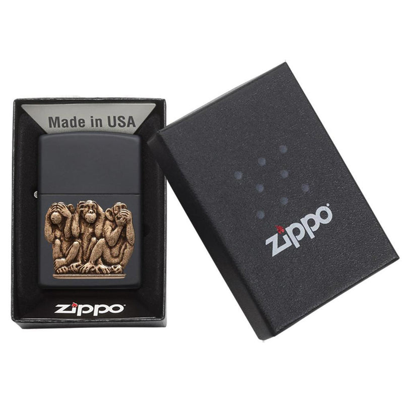 Load image into Gallery viewer, Zippo Windproof Lighter Three Monkeys Black Matte Finish
