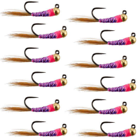 Tungsten Hot Spot Purple Perdigon Tactical  Nymph Fly - 12 Flies Size 16