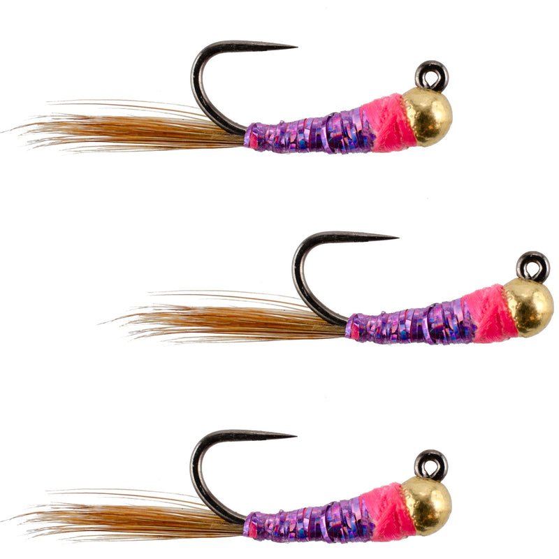 Load image into Gallery viewer, 3 Pack Tungsten Bead Hot Spot Purple Perdigon Tactical Jig Spanish Czech Euro Nymph Fly - Hook  Size 16
