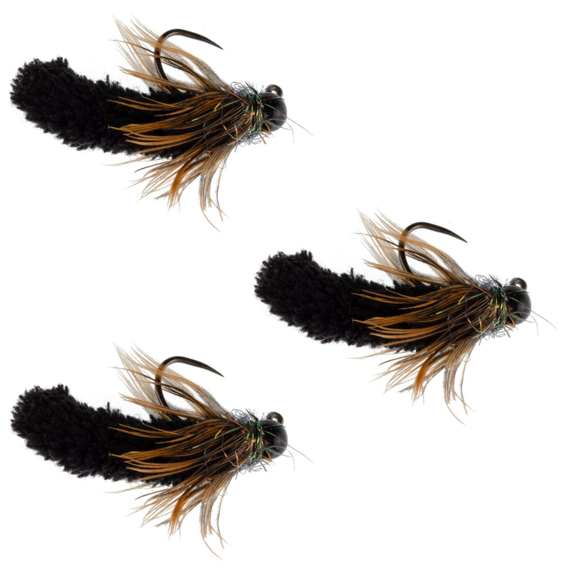 Load image into Gallery viewer, 3 Pack Tungsten Bead Black Mop Fly Tactical Jig Czech Euro Nymph Barbless Fly - 3 Flies Size 14
