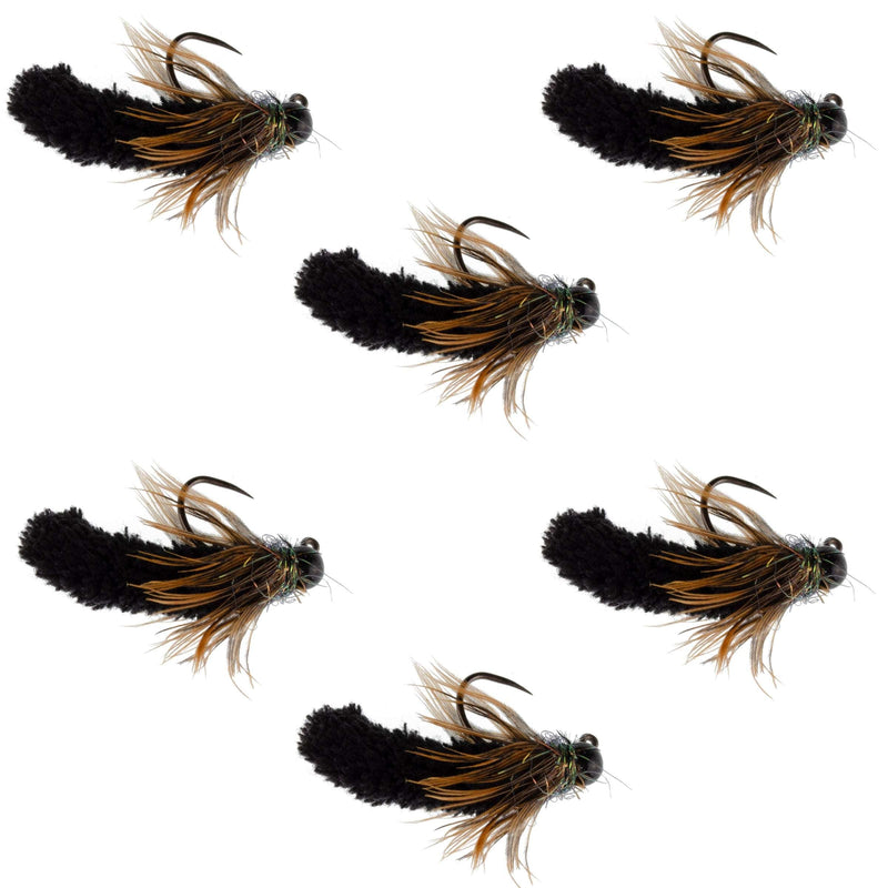 Load image into Gallery viewer, Tungsten Bead Black Mop Fly Tactical Jig Czech Euro Nymph Barbless Fly 6 Flies - Size 14
