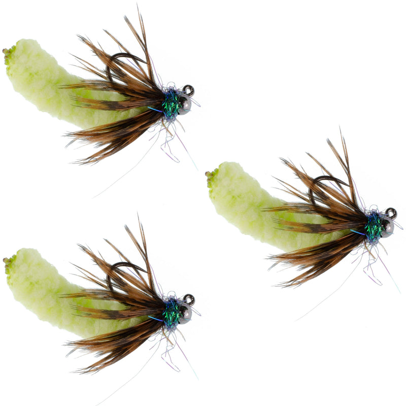Load image into Gallery viewer, 3 Pack Tungsten Bead Chartreuse Mop Fly Tactical Jig Czech Euro Nymph Barbless Fly - Size 14
