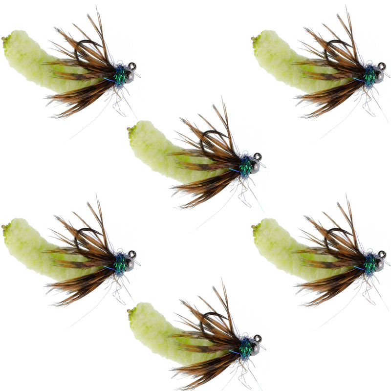 Load image into Gallery viewer, Tungsten Bead Chartreuse Mop Fly Tactical Jig Czech Euro Nymph Barbless Fly 6 Flies - Size 14
