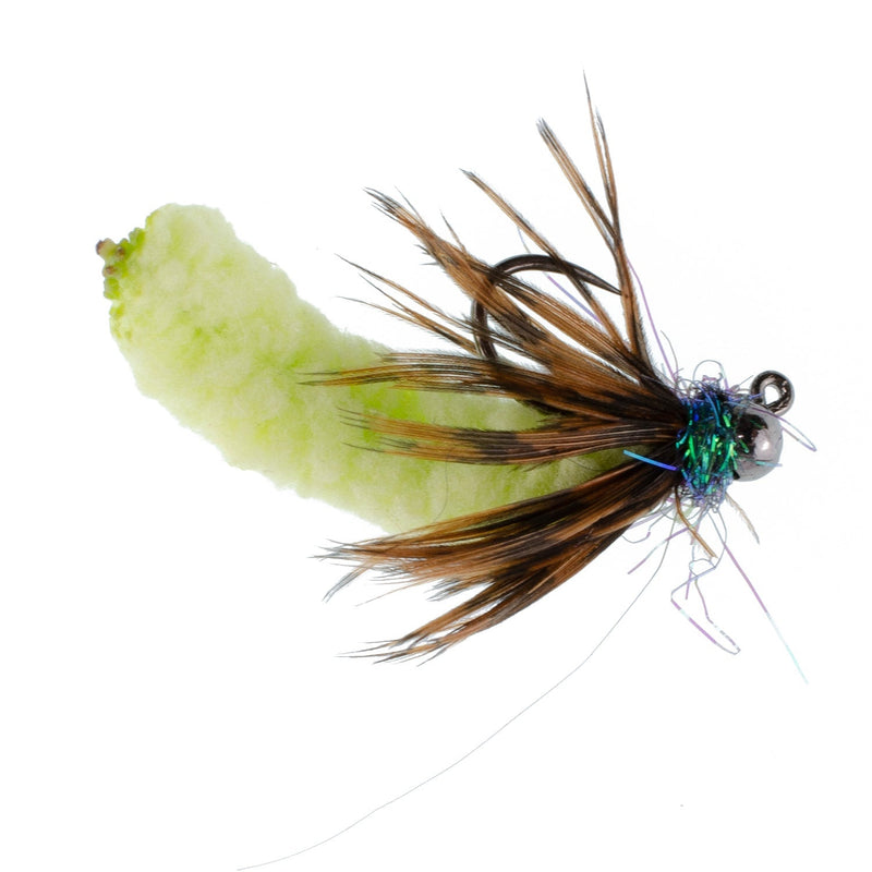 Load image into Gallery viewer, Tungsten Bead Chartreuse Mop Fly Tactical Jig Czech Euro Nymph Barbless Fly - 1 Dozen Flies Size 14
