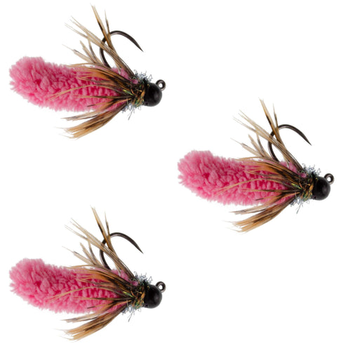 3 Pack Tungsten Bead Hot Pink Mop Fly Tactical Jig Czech Euro Nymph Barbless Fly - 3 Flies Size 14