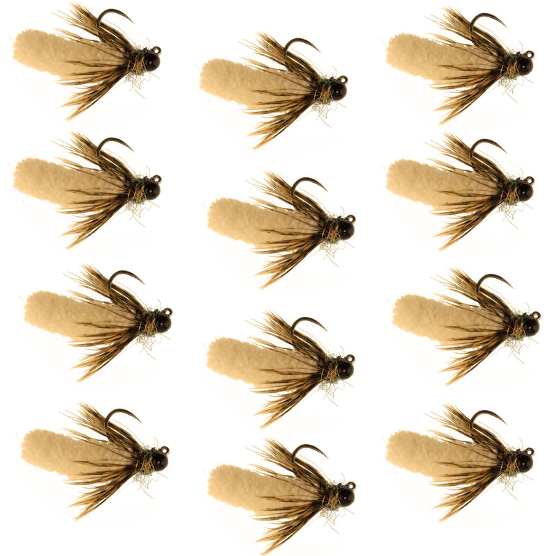 Load image into Gallery viewer, Tungsten Bead Tan Mop Fly Tactical Euro Nymph Barbless 12 Flies - Size 14
