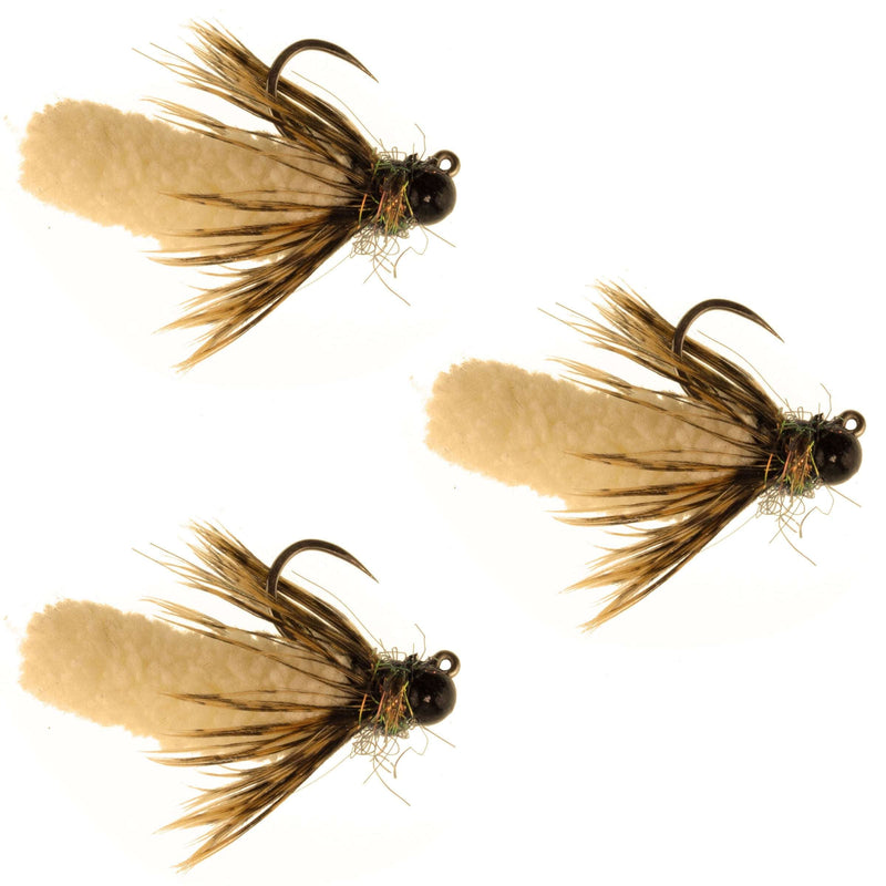 Load image into Gallery viewer, 3 Pack Tungsten Bead Tan Mop Fly Tactical Jig Czech Euro Nymph Barbless Fly - 3 Flies Size 14
