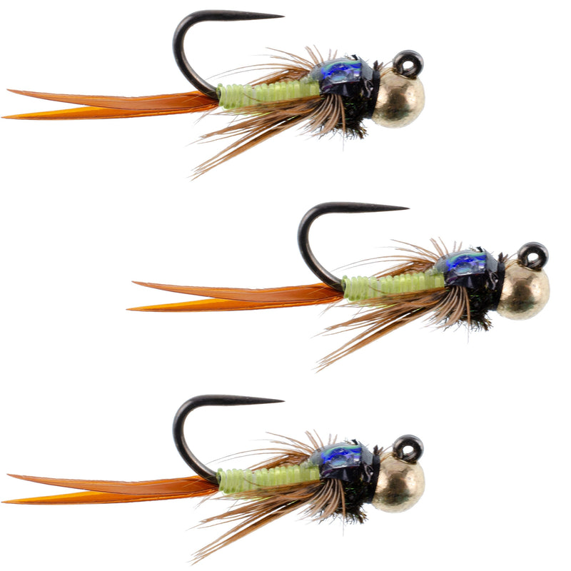 Load image into Gallery viewer, 3 Pack Tungsten Bead Tactical Jig Copper John Chartreuse Czech Nymph Euro Nymphing Fly - Size 14
