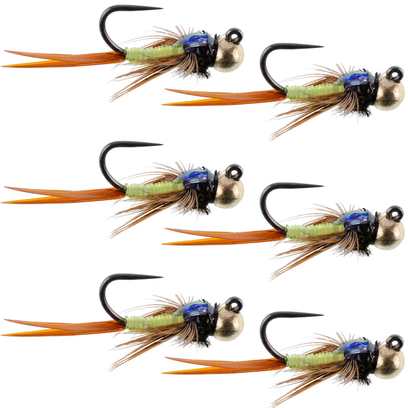 Load image into Gallery viewer, Tungsten Bead Tactical Jig Copper John Chartreuse Czech Nymph Euro Nymphing Fly - 6 Flies Size 12
