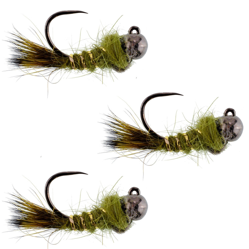 Load image into Gallery viewer, 3 Pack Black Tungsten Bead Tactical Olive Hares Ear Czech Nymph Euro Nymphing Fly - Hook Size 12

