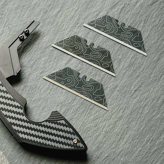 Stinger Laser Engraved Utility Blades, Utility Tool Replacements - Black Topographic Style (Trapezoid 3 pcs - Black)