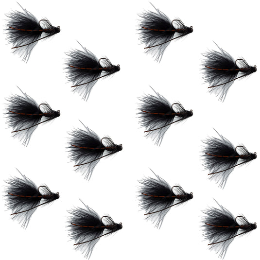 Tungsten Bead Tactical Black Mini Bugger Euro Nymph Fly - 12 Flies Size 12