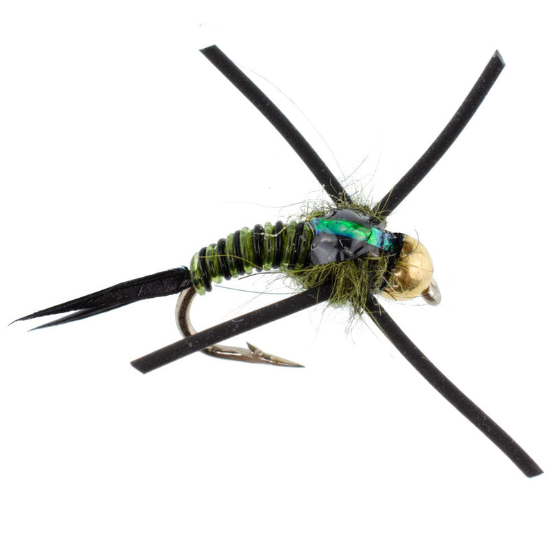 Load image into Gallery viewer, Tungsten Bead Head Rubber Legs Black Olive Zebra Copper John Nymph Fly Fishing Flies - 1 Dozen Flies Hook Size 16
