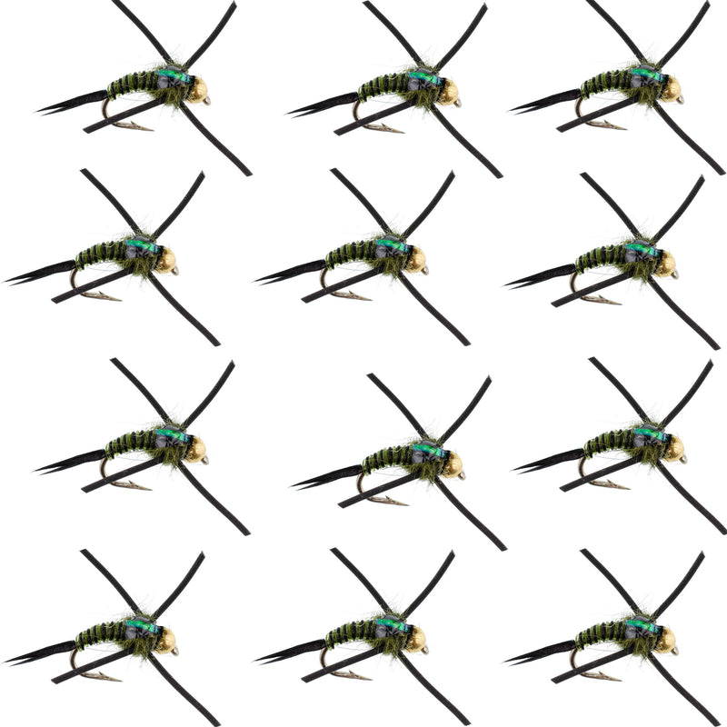 Load image into Gallery viewer, Tungsten Bead Head Rubber Legs Black Olive Zebra Copper John Nymph Fly Fishing Flies - 1 Dozen Flies Hook Size 12
