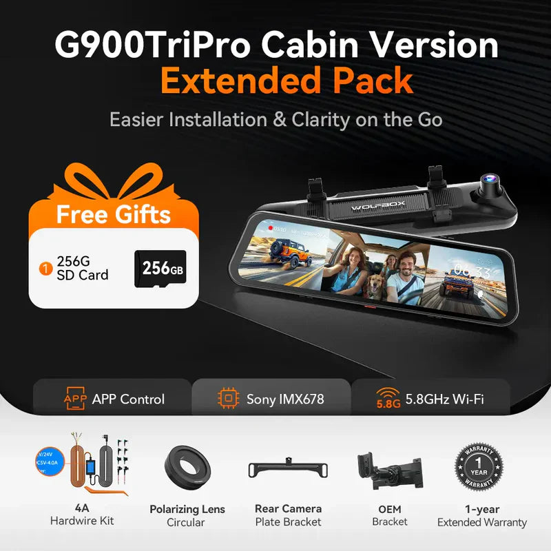 G900 TriPro 4K+2.5K+1080P 3 Channel Cabin Monitor Mirror Dash Cam