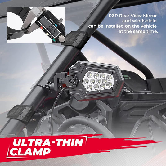 Aluminum UTV Side Mirrors Lights for Can Am Maverick X3/ RZR w/ 1.75"-2" Roll Bar