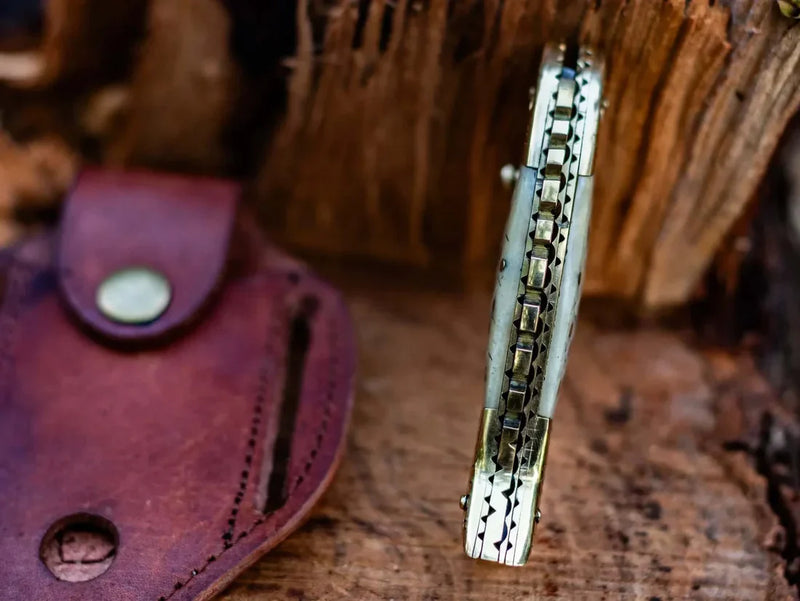 Load image into Gallery viewer, Custom Handmade Fish Style Damascus Steel Folding Knife with Sheep Horn &amp; Brass Handle - Includes Leather Sheath
