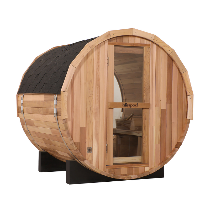 Load image into Gallery viewer, Blisspod | Prague | Canadian Red Cedar Outdoor Steam Barell Sauna | Full Glass Back
