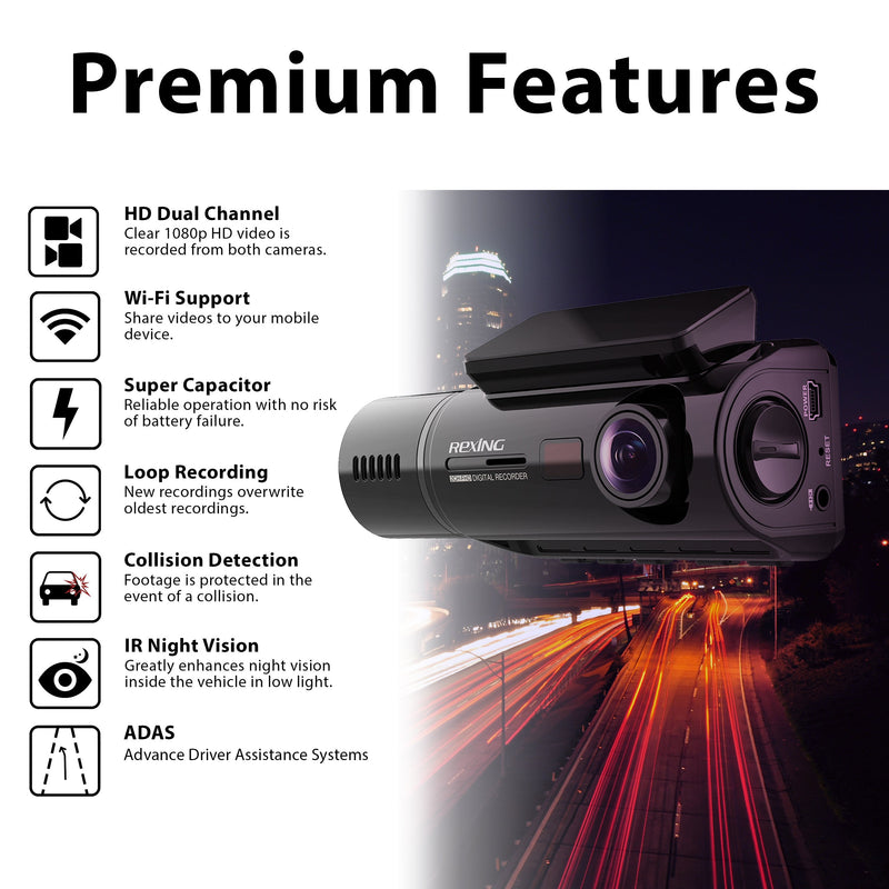 Load image into Gallery viewer, Rexing V3C Dual Camera Front and Inside Cabin Full HD 1080p Dash Cam with WiFi (Open Box)
