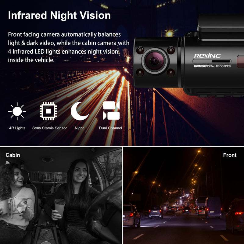 Load image into Gallery viewer, Rexing V3C Dual Camera Front and Inside Cabin Full HD 1080p Dash Cam with WiFi (Open Box)

