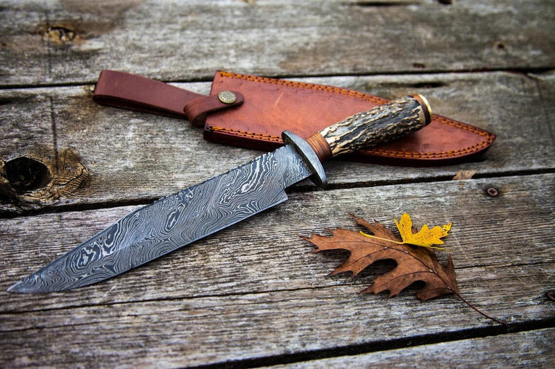Load image into Gallery viewer, Damascus Steel 1800s Bowie Knife – 15" with Damascus Steel Guard &amp; Stag Horn Handle, Includes Leather Sheath
