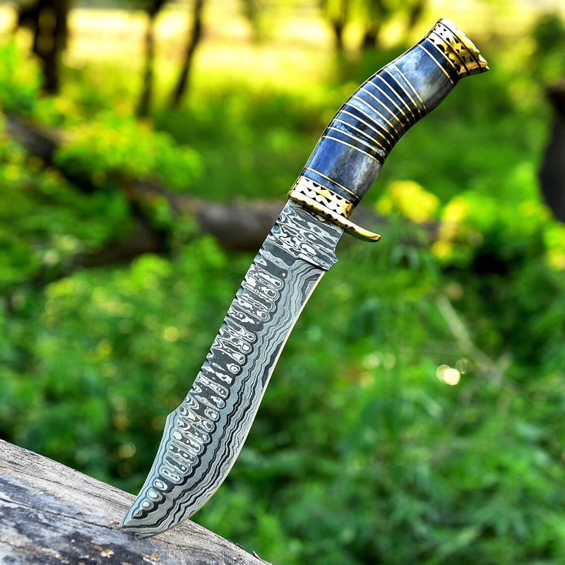 Load image into Gallery viewer, Vintage Damascus Steel Bowie Knife for Sale - 13" with Brass Guard and Camel Bone Handle
