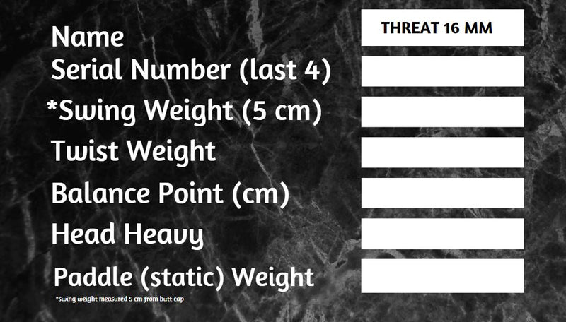 Load image into Gallery viewer, THREAT 16 Includes custom weight card, paddle cover, paddle eraser, and lead weights.
