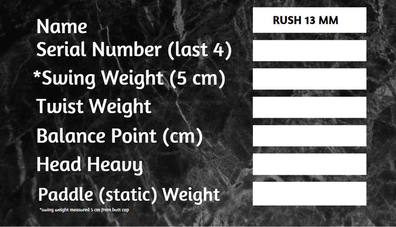 Load image into Gallery viewer, RUSH 13   Includes custom weight card, paddle cover, paddle eraser, and lead weights.
