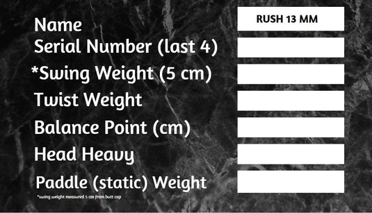 RUSH 13 (PINK)  Includes custom weight card, paddle cover, paddle eraser, and lead weights.