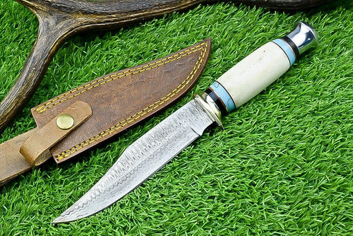 Hand-Forged Western Boulder Colorado Knife – 11” Razor Sharp Damascus Blade with Resin Grip & Leather Sheath