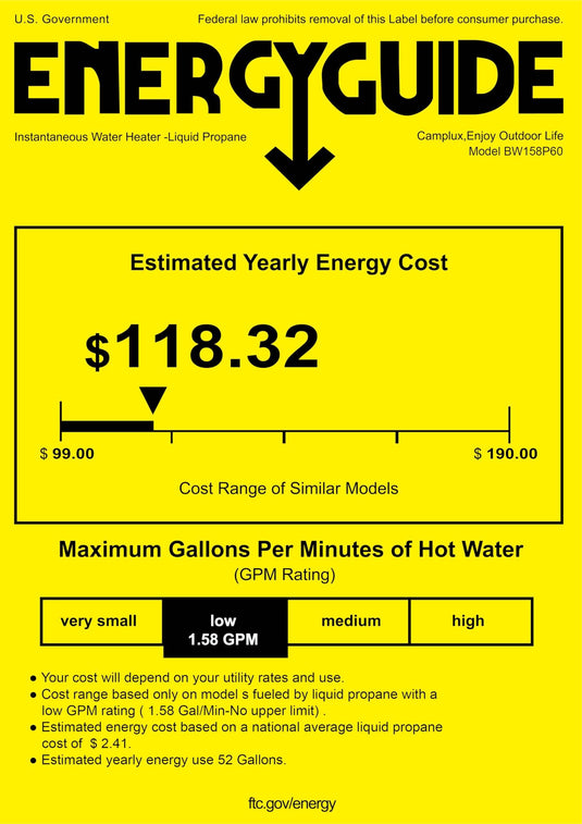Camplux BW158P60 Camping Water Heater With Pump Kit