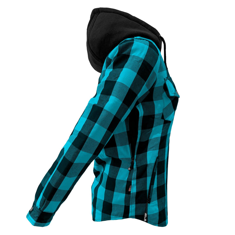 Load image into Gallery viewer, Protective Flannel Hoodie for Women - Aqua Blue and Black Checkered
