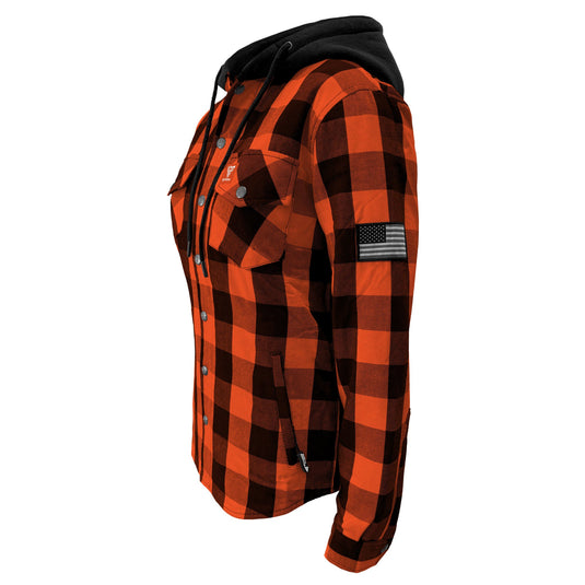 Protective Flannel Hoodie for Women - Orange and Black Checkered