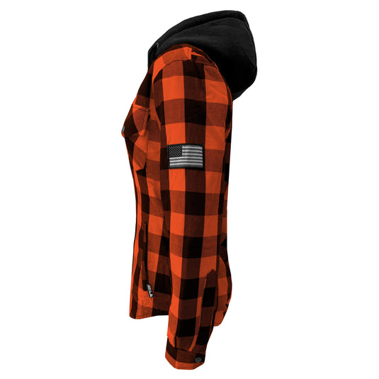 Protective Flannel Hoodie for Women - Orange and Black Checkered