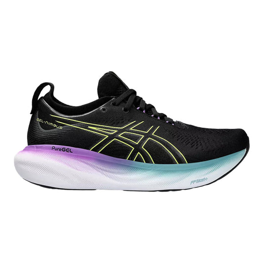 Women's Asics Gel-Nimbus 25, Black/Glow Yellow, 5.5 D Wide - Skoutley Outdoors LLC