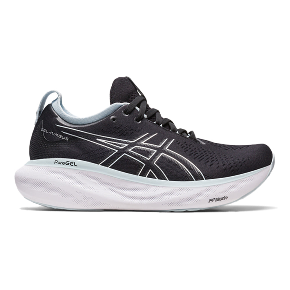 Women's Asics Gel-Nimbus 25, BLACK/REBORN BLUE, 13 B Medium - Skoutley Outdoors LLC