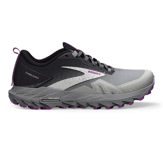 Women's Brooks Cascadia 17, Oyster/Blackened Pearl/Purple, 5 D Wide - Skoutley Outdoors LLC