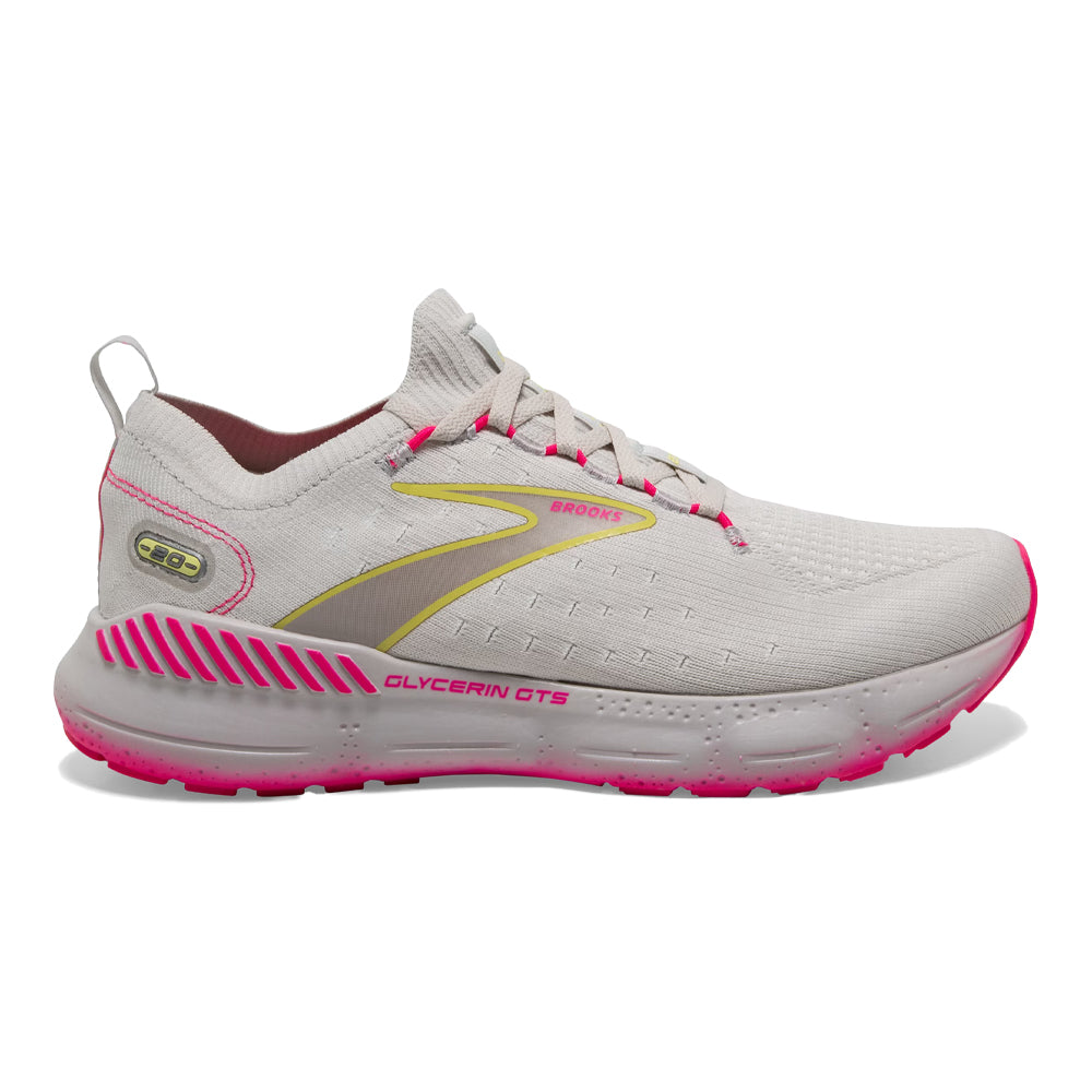 Women's Brooks Glycerin StealthFit GTS 20, Grey/Yellow/Pink, 5 B Medium - Skoutley Outdoors LLC