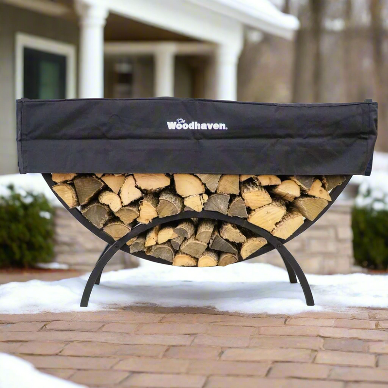 Load image into Gallery viewer, 5 ft Crescent Steel Firewood Rack with Seasoning Cover Woodhaven

