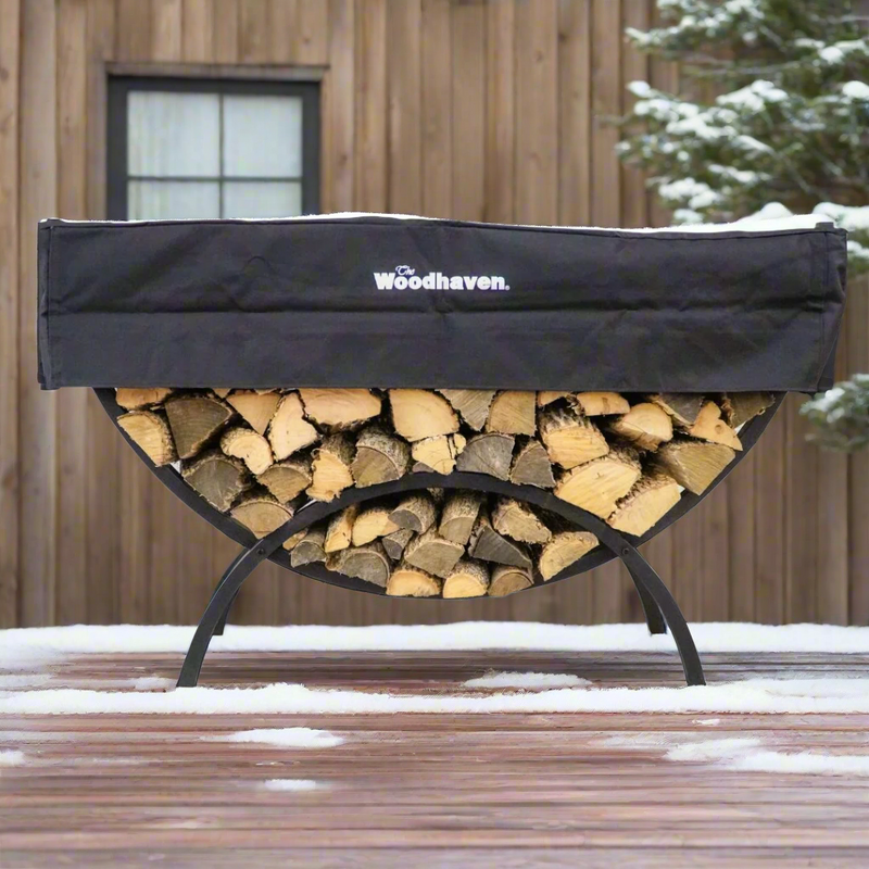 Load image into Gallery viewer, 5 ft Crescent Steel Firewood Rack with Seasoning Cover Woodhaven

